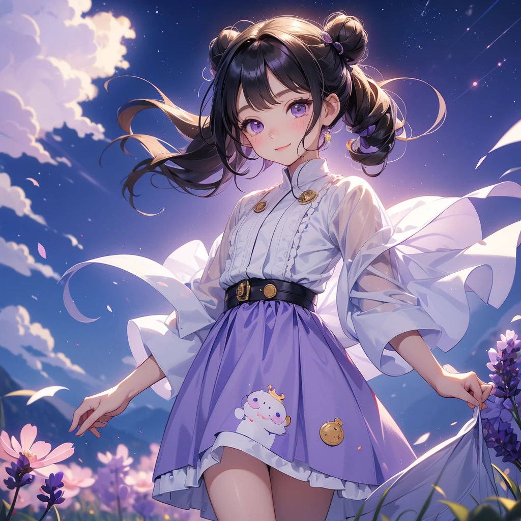 A chibi child girl had a small face and wearing a little tourist priest’s outfit, a pair of big round eyes shone with curiosity about him. This child was so cute, her hair is black with buns on her hair. Small chibi , chibi baby, smiling , chibi.
Stroll among the purple lavender fields , There are some floating clouds.
