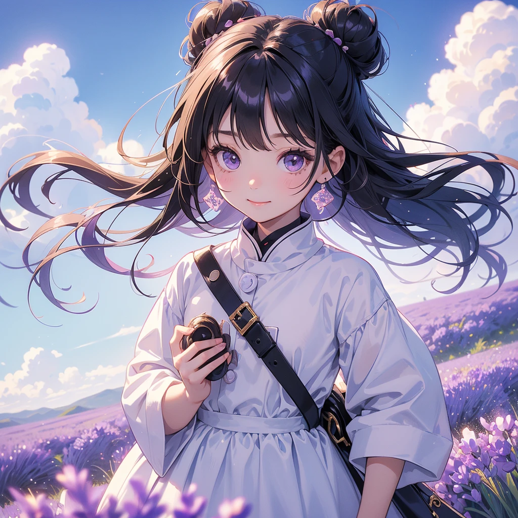 A chibi child girl had a small face and wearing a little tourist priest’s outfit, a pair of big round eyes shone with curiosity about him. This child was so cute, her hair is black with buns on her hair. Small chibi , chibi baby, smiling , chibi.
Stroll among the purple lavender fields , There are some floating clouds.