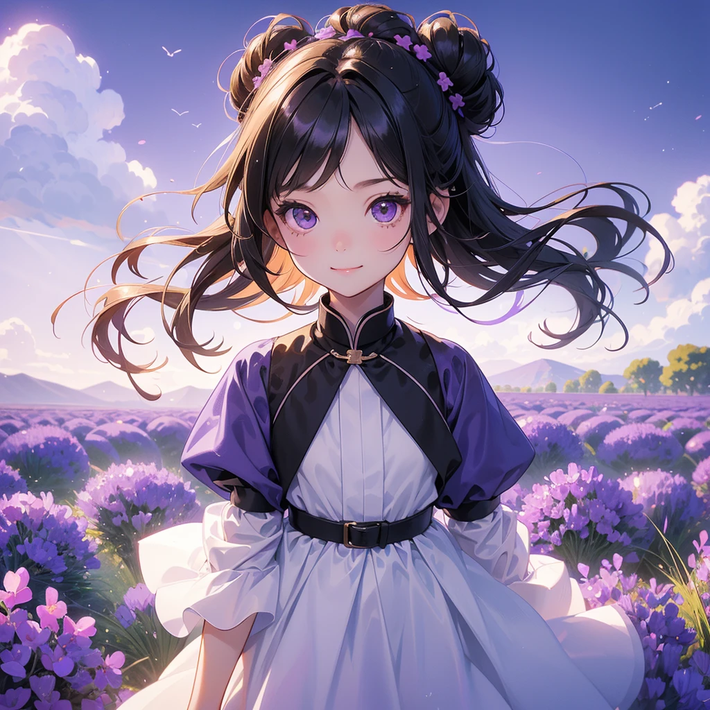 A chibi child girl had a small face and wearing a little tourist priest’s outfit, a pair of big round eyes shone with curiosity about him. This child was so cute, her hair is black with buns on her hair. Small chibi , chibi baby, smiling , chibi. 

Stroll among the purple lavender fields , There are some floating clouds.
