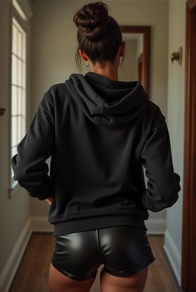 black woman hair in a bun black hoodie black leather short shorts being fucked in the ass by a old grandma in a dress