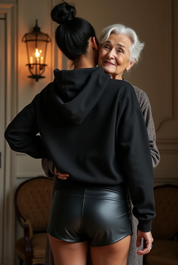 black woman hair in a bun black hoodie black leather short shorts being fucked in the ass by a old grandma in a dress