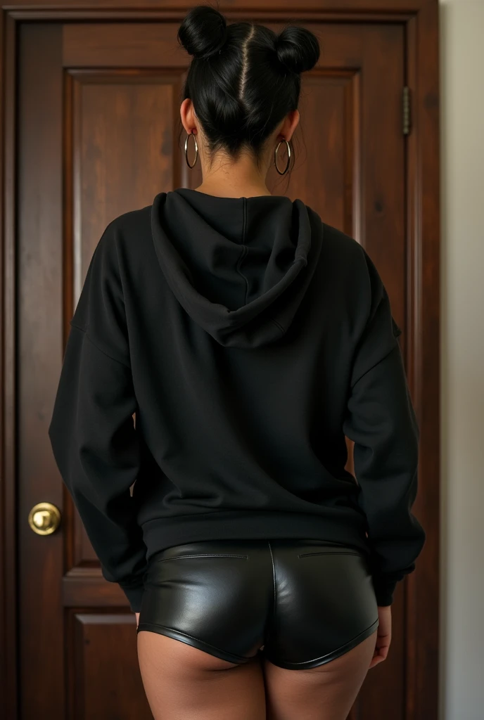 black woman hair in a bun black hoodie black leather short shorts being fucked in the ass by a old grandma in a dress