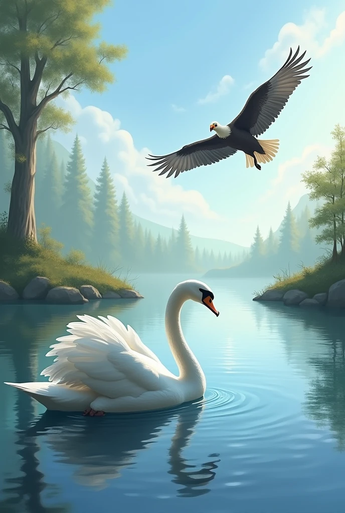 A swan swimming in a calm lake, with an eagle flying freely in the background