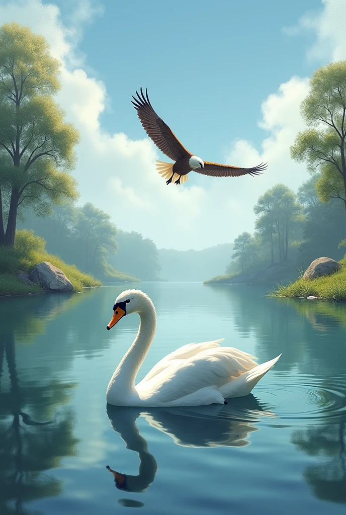 A swan swimming in a calm lake, with an eagle flying freely in the background