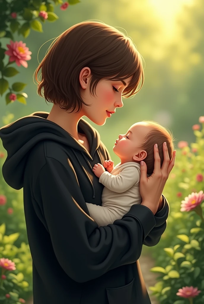 woman adult Brown Hair short hair Black hoodie garden Holding a baby Baby Face
