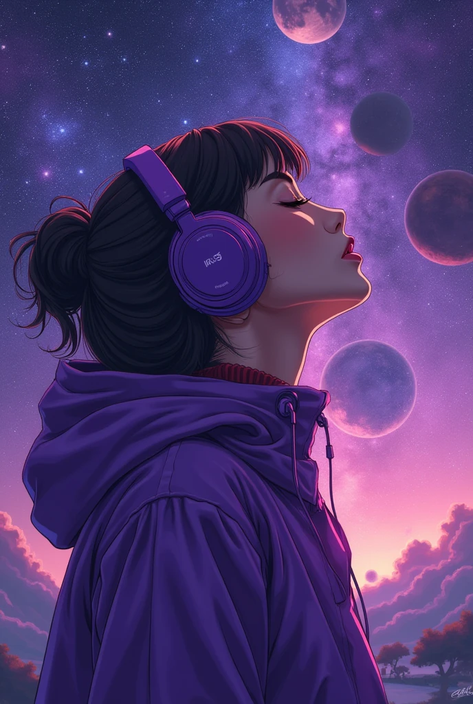 Woman in the middle of the universe, Woman listening to music, Woman with purple headphone, Purple sky, Purple Stars, Purple planets, Purple galaxies, Woman wearing purple jacket, Shades of purple and black, Realistic anime style