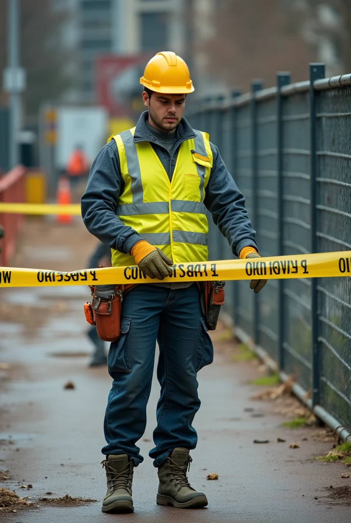 Worker with helmet, gloves, vest, boots,fencing off a security area with tape