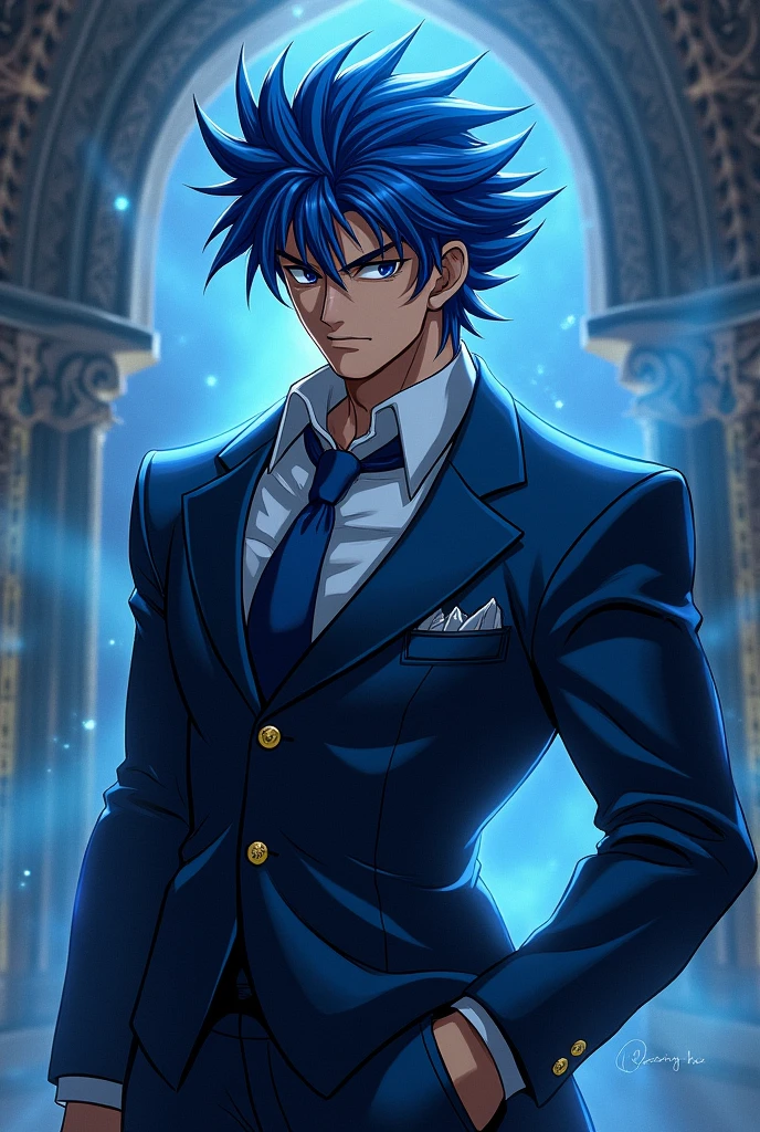 Canon of twins, Saint Seiya. handsome man in suit. blue hair. very handsome. sexy. Muscle and strong