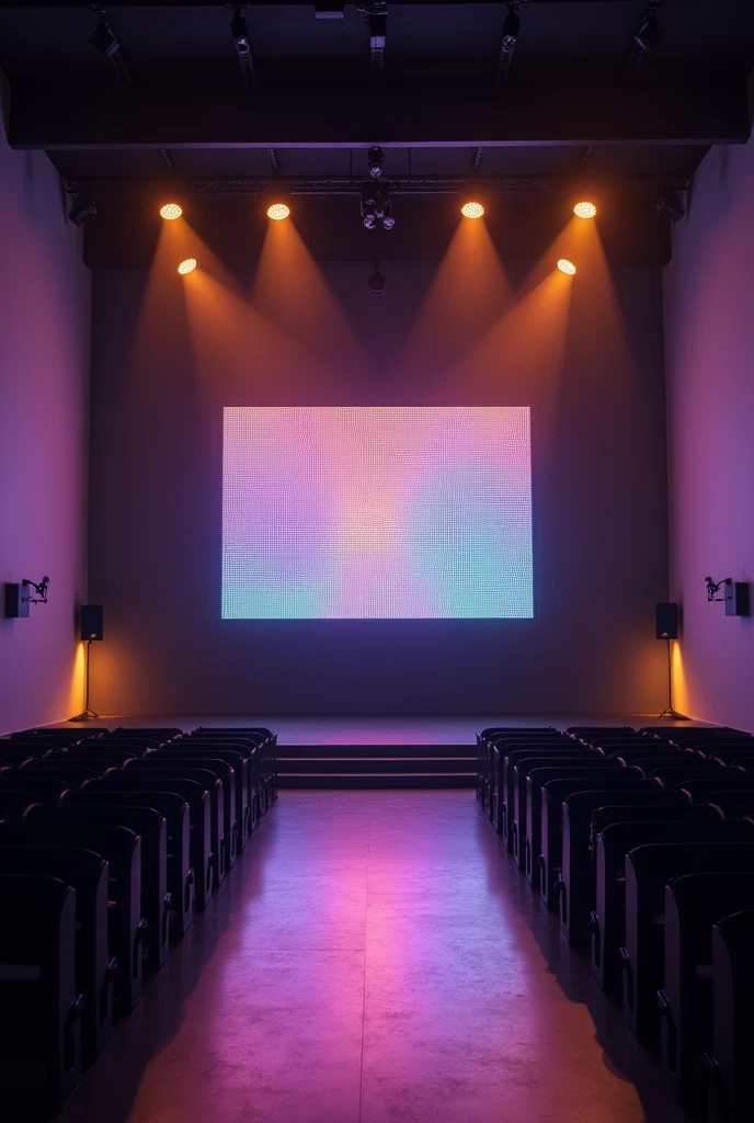 Interior of a minimalist evangelical church in a rectangular shape, black background wall with led panel in the center, black upper ceiling with yellowish spotlights, colorful party lights pointing at stage and illuminating, white side walls.
