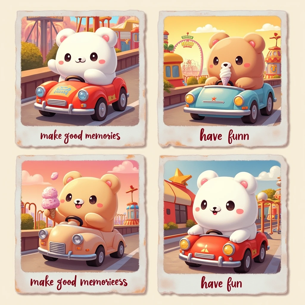 create a very realistic dry brush painting style illustration, with good layout, and design features, ((glad)) with good contrast, with fine and delicate lines, cute fun, to the audience (The image features three photos with polaroid style images ((3 plush-style squishmallow animals. Nota:(((the squishmallows have to look like teddy bears))): in the first photo, um squishmallows rapoza laranja glad em um carrinho de bate bate; In the second photo, a blue unicorn squishmallows, big round eyes eating ice cream in (inside the cabin of the ferris wheel), e uma squishmallows  tartaruga glad de óculos escuros. (inside the roller coaster cart)). the photos are random with different places situations, are different in each photo, the art in general presents a distribution with characteristics of shirt prints, in which "no" end up in a rectangular shape. Below this scene, há um texto que diz “Make good Memories,”"Have Funn"the stylized art that suggests a high summer amusement park vibe. The font color transitions from pink at the top to yellow at the bottom, imitating a sunset. This image evokes nostalgia for amusement park rides., adventures in toys, symbolizing freedom and leisure.