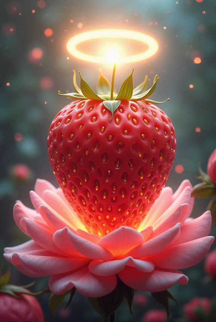 CREATE AN ILLUSTRATION FOR ME WHERE THE CENTER IS A STRAWBERRY, WITH ROSES AT ITS BASE AND A HALO AT THE TOP OF THE STRAWBERRY.
