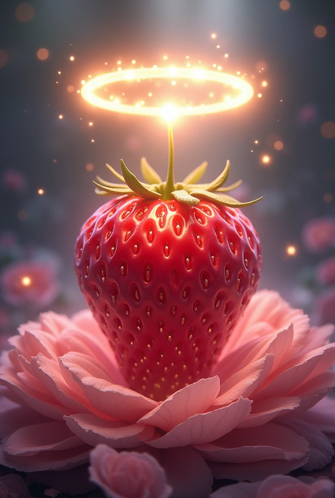 CREATE AN ILLUSTRATION FOR ME WHERE THE CENTER IS A STRAWBERRY, WITH ROSES AT ITS BASE AND A HALO AT THE TOP OF THE STRAWBERRY.