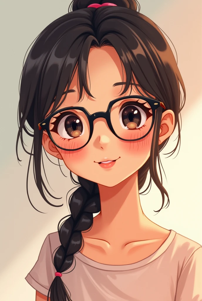 Tanned japanese girl with round glasses and braid cute 