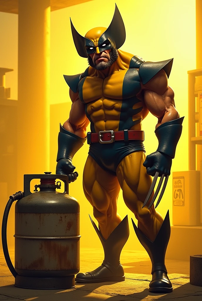 Volverine, complaining about the price of gas in Portuguese , next to a gas cylinder at knee height, golden yellow