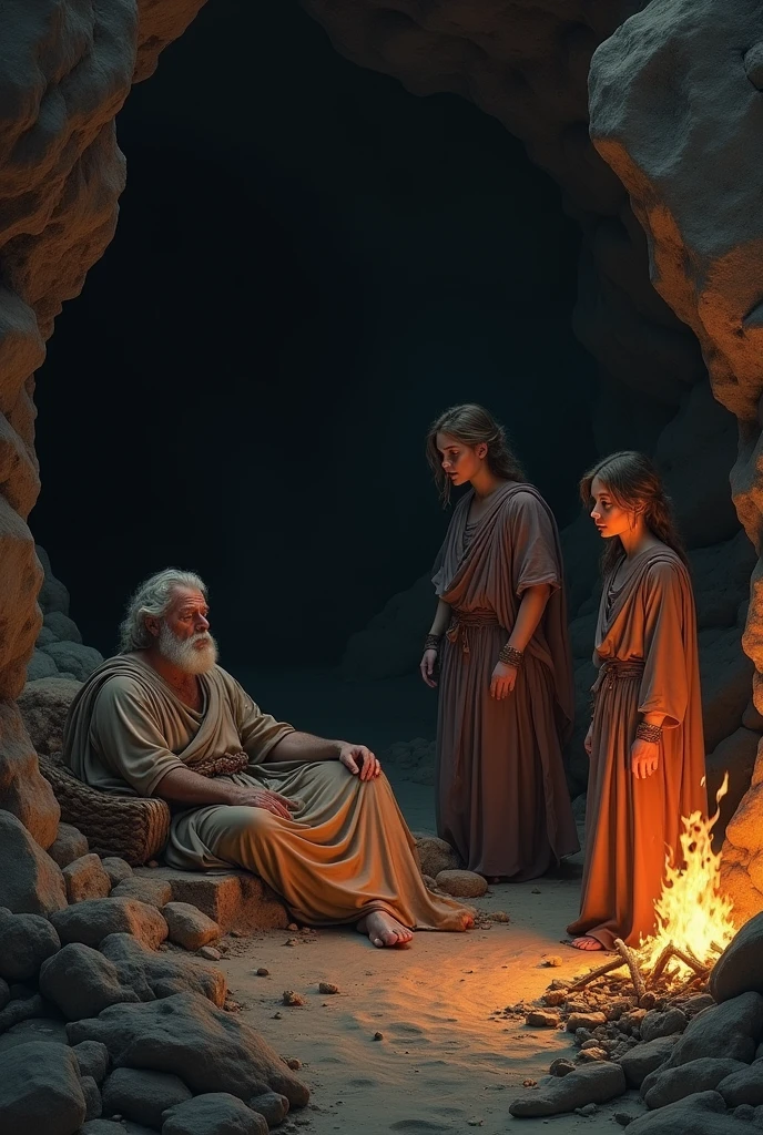 Lot and his daughters in the cave: A dark scene inside a cave, with Lot asleep after drinking wine, while their daughters, with worried and resolute expressions, approach him. The cave can only be lit by the light of a fire., highlighting the tension of the situation.