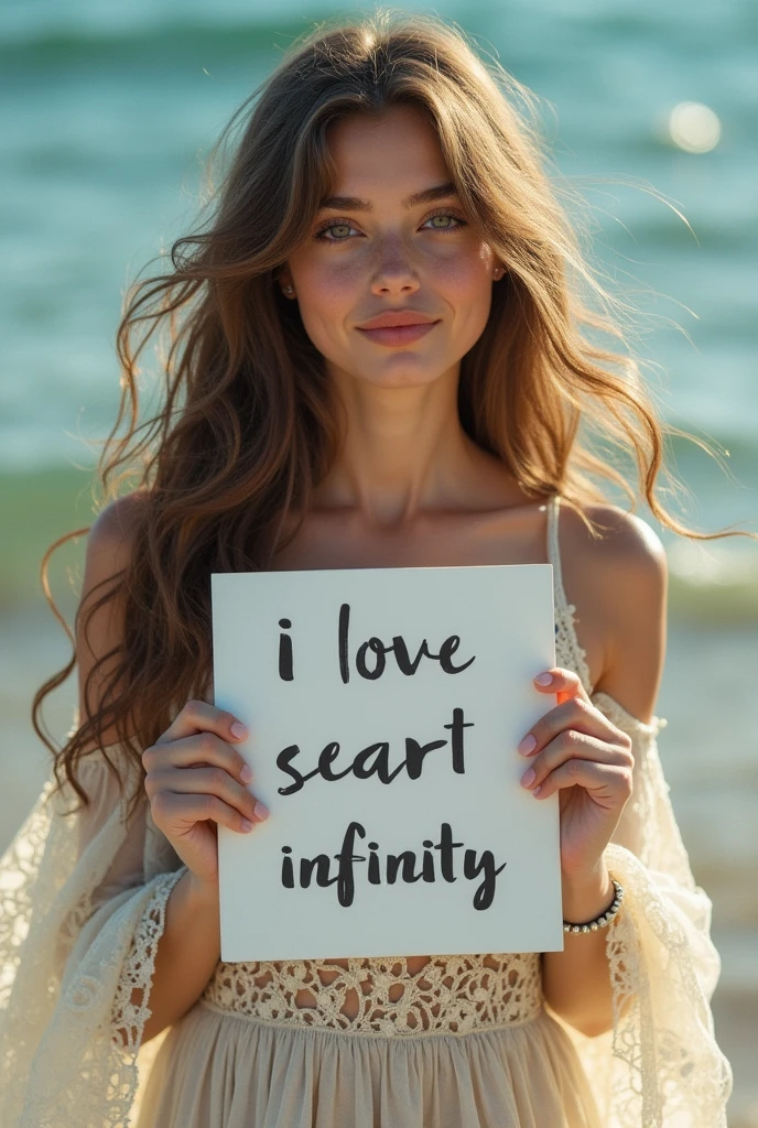 Beautiful girl with wavy long hair, bohemian dress, holding a white board with text "I Love Seaart Infinity" and showing it to the viewer