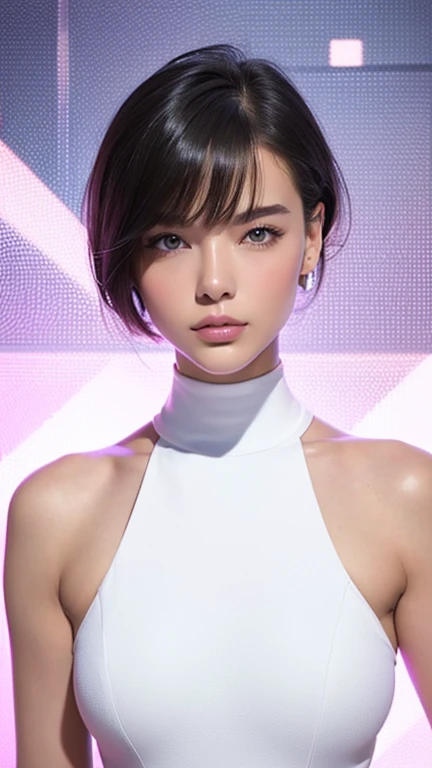 A beautiful attractive woman with short hair, full body portrait, in the style of Moebius, full of pink and white hexagons in the background, with a futuristic sci-fi aesthetic style, simple details, minimalism, black lines, clean pictures. The skin is white and she has an extremely delicate face that resembles floating glass. A sense of mystery, soft lighting, ultra-high definition images, and a cool color tone. She is wearing, 32k ,uhd