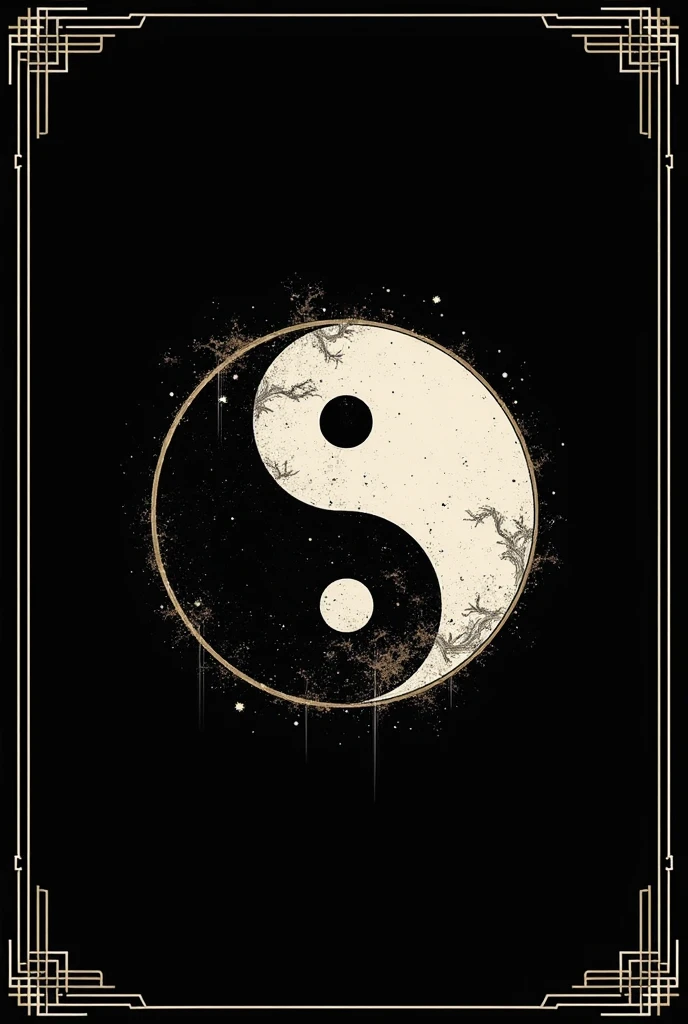 Yin and yang in a black background with borders with illustrations inside the yin and yang sign