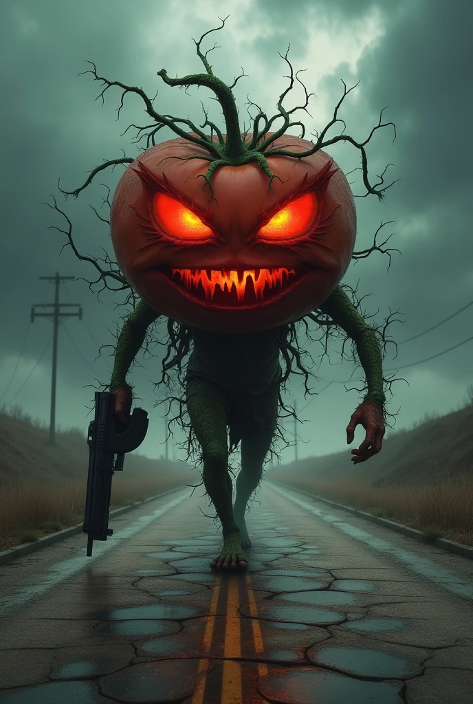 Tomato like a demon, walk on road with gun
