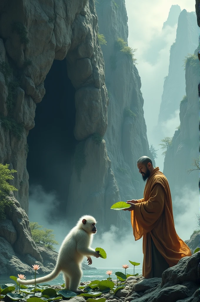 full lenght Try to imagine that this is a scene in a Chinese monk (Tang Sanzang) who arrives at a large rocky mountain and there is a white monkey that is crushed by the mountain, only its head showing. The Chinese monk puts water in a lotus leaf for the monkey to drink. The atmosphere is intense and mystical. Scene of a large rocky mountain, oil painting, 3D painting, art painting by Ajarn Chalermchai.