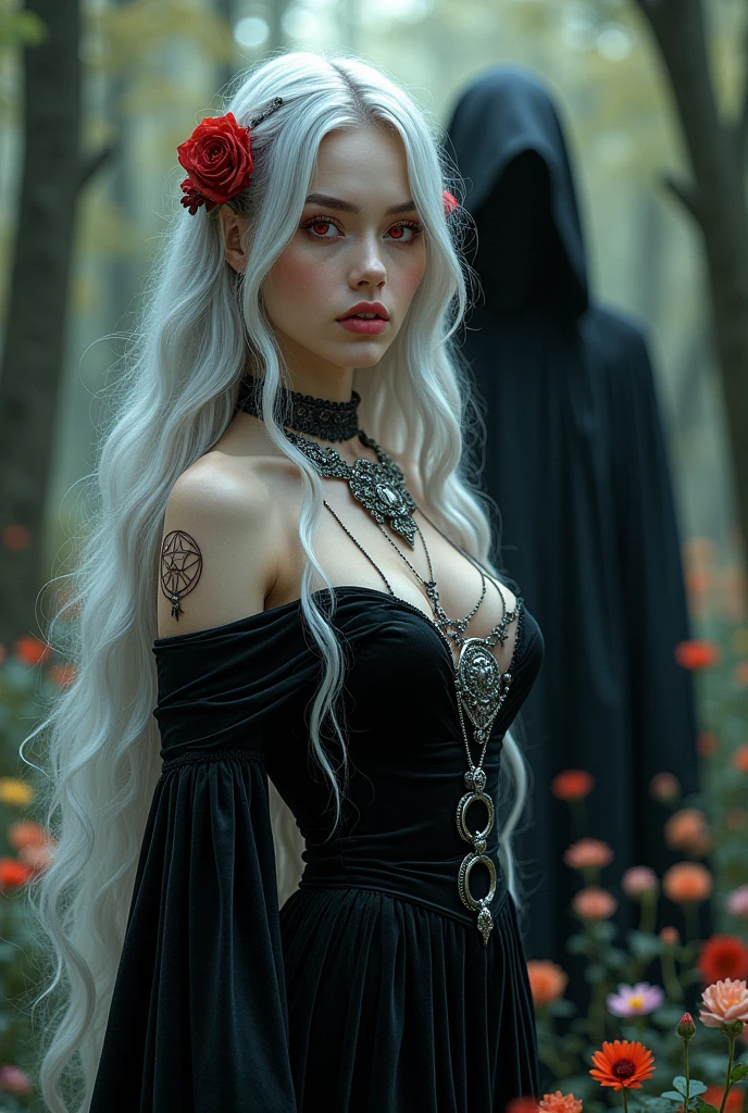 A woman with long, flowing silver hair, with soft waves, reflecting light in an almost ethereal way. Silver has a subtle shine, the eyes have an intense color, as deep red the skin is very light, almost translucent, typical of vampires, with a touch of luminosity that suggests magic.
She wears a long black velvet dress, adorned with silver details and wearing necklaces with amulets and flowers intertwined in her hair and has a constellation on her left arm. Beside her is a shadowy figure that represents the antagonist., with a threatening aura in a setting that mixes elements of nature and magic, like an enchanted forest with tall trees and bright flowers, but also with sinister shadows that suggest danger with symbols and runes that represent both blood (like drops or marks) as the charms (como estrelas)