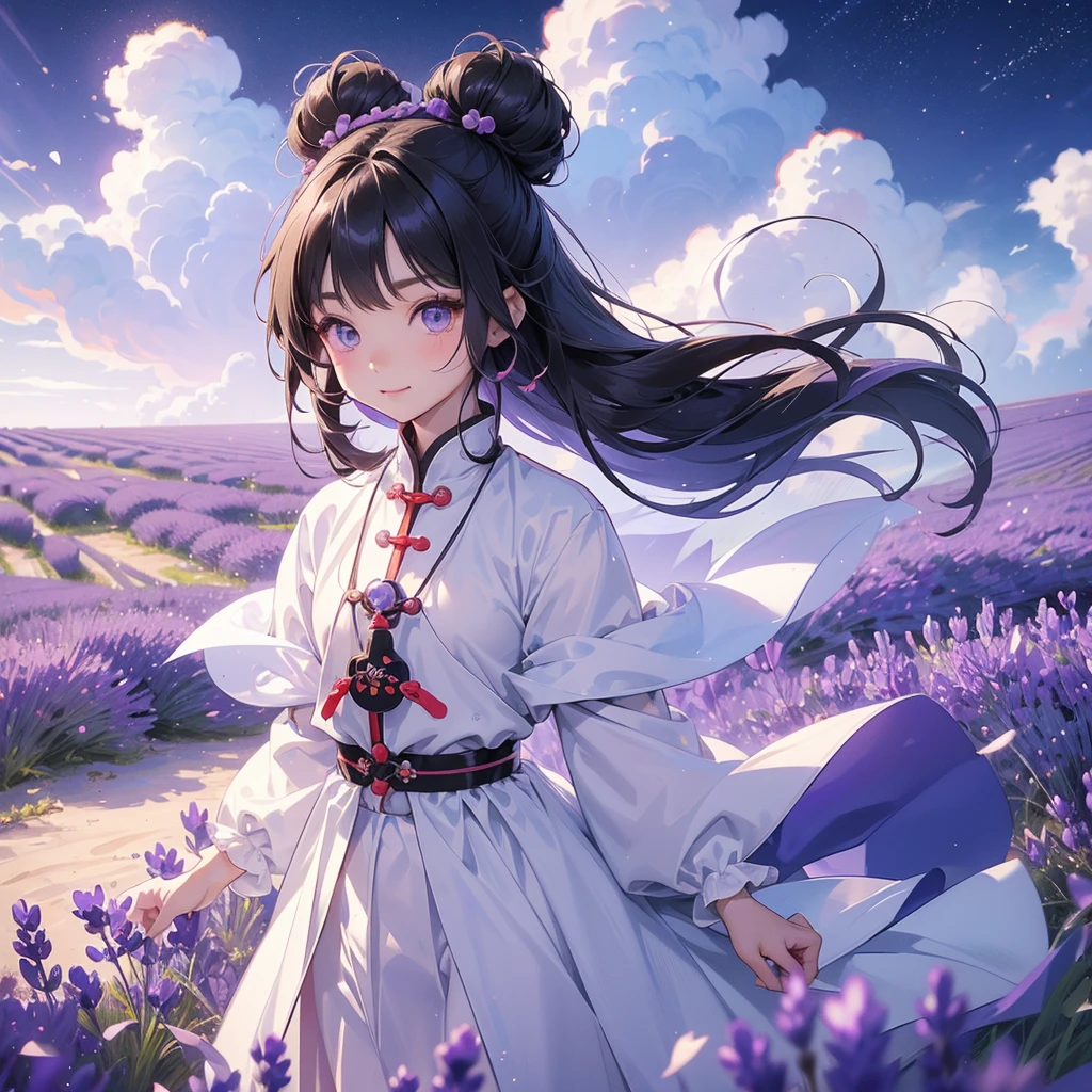 A chibi child girl had a small face and Wearing white little Taoist priest's outfit. A pair of big round eyes shone with curiosity about him. This child was so cute, Stroll among the purple lavender fields , There are some floating clouds.
her hair is black with two buns on her hair.small chibi, chibi baby, smiling ,Chibi.