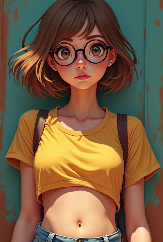 A eighteen years old girl, short brown hair, wear croptop, having a round glasses, round belly button
