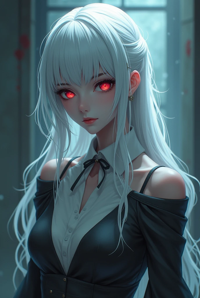Gender : Female
Hair color : white
skin color : Pure white
Look : 5'8 ft Anime girl, Gorgeous, cool, cold, bad, angelic, red eyes, middle outfir and dangerous
hobby : kill something or someone for fun