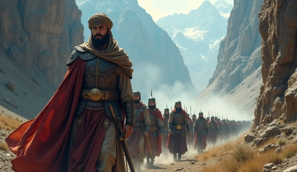 A highly detailed, ultra-realistic portrayal of Thariq bin Ziyad leading his army through a narrow mountain pass. Thariq should be in traditional Islamic warrior attire, wearing a turban with leather and iron armor, holding a sword in one hand. His expression should be determined and commanding.
Army in the Background: Behind him, a column of Muslim warriors in similar attire marches through the pass, their figures silhouetted against the rocky landscape. Background: Epic and Majestic: The mountain pass is framed by towering cliffs, with patches of fog rolling through. The sky above is overcast, with faint rays of sunlight breaking through the clouds, casting dramatic shadows on the cliffs. Color Grading: Use cinematic color grading with cool blues and grays for the mountains, contrasting with warm, golden highlights on Thariq and his warriors, emphasizing their importance and creating a balanced, epic composition.