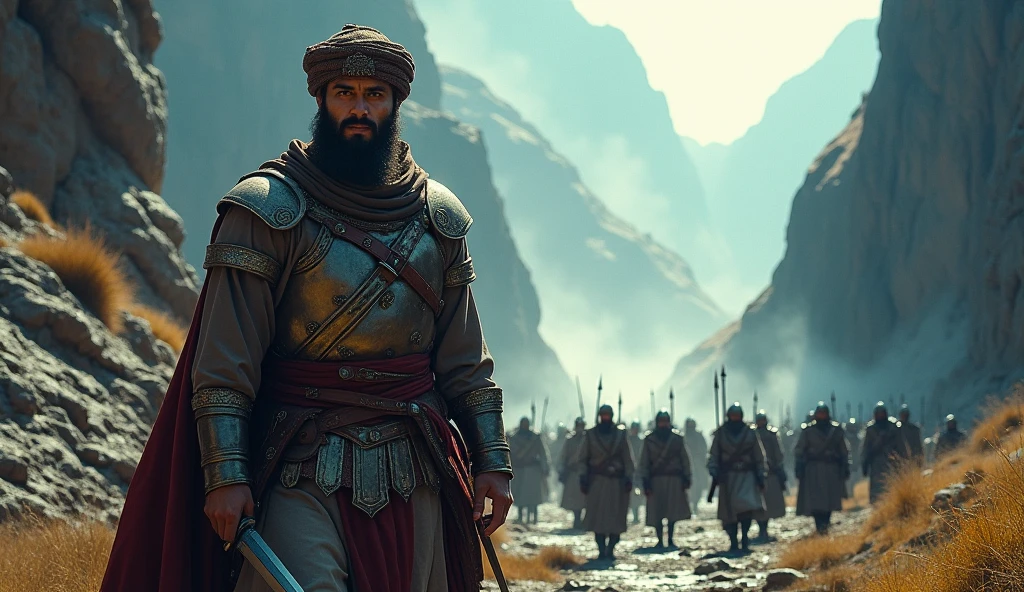 A highly detailed, ultra-realistic portrayal of Thariq bin Ziyad leading his army through a narrow mountain pass. Thariq should be in traditional Islamic warrior attire, wearing a turban with leather and iron armor, holding a sword in one hand. His expression should be determined and commanding.
Army in the Background: Behind him, a column of Muslim warriors in similar attire marches through the pass, their figures silhouetted against the rocky landscape. Background: Epic and Majestic: The mountain pass is framed by towering cliffs, with patches of fog rolling through. The sky above is overcast, with faint rays of sunlight breaking through the clouds, casting dramatic shadows on the cliffs. Color Grading: Use cinematic color grading with cool blues and grays for the mountains, contrasting with warm, golden highlights on Thariq and his warriors, emphasizing their importance and creating a balanced, epic composition.