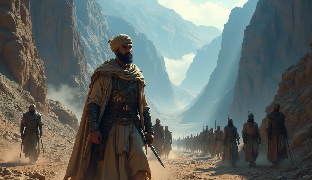 A highly detailed, ultra-realistic portrayal of Thariq bin Ziyad leading his army through a narrow mountain pass. Thariq should be in traditional Islamic warrior attire, wearing a turban with leather and iron armor, holding a sword in one hand. His expression should be determined and commanding.
Army in the Background: Behind him, a column of Muslim warriors in similar attire marches through the pass, their figures silhouetted against the rocky landscape. Background: Epic and Majestic: The mountain pass is framed by towering cliffs, with patches of fog rolling through. The sky above is overcast, with faint rays of sunlight breaking through the clouds, casting dramatic shadows on the cliffs. Color Grading: Use cinematic color grading with cool blues and grays for the mountains, contrasting with warm, golden highlights on Thariq and his warriors, emphasizing their importance and creating a balanced, epic composition.