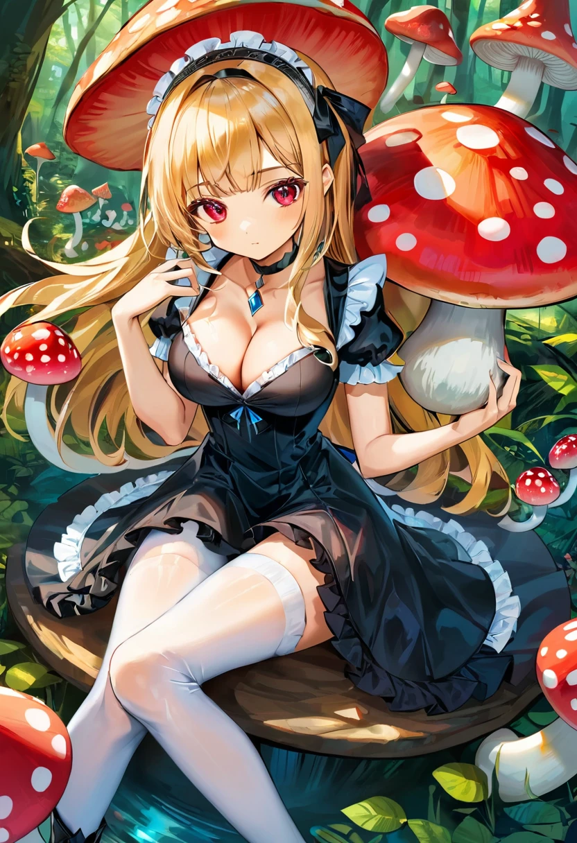A dark gothic Alice in Wonderland, a beautiful 20 year old blonde woman with big messy hair in a tattered sheer black dress, white stripe stockings, black headband, cleavage, holding a glowing mushroom, sitting on a giant mushroom, dark fantasy art style, cartoon vibrant, detailed digital art, glossy digital painting.