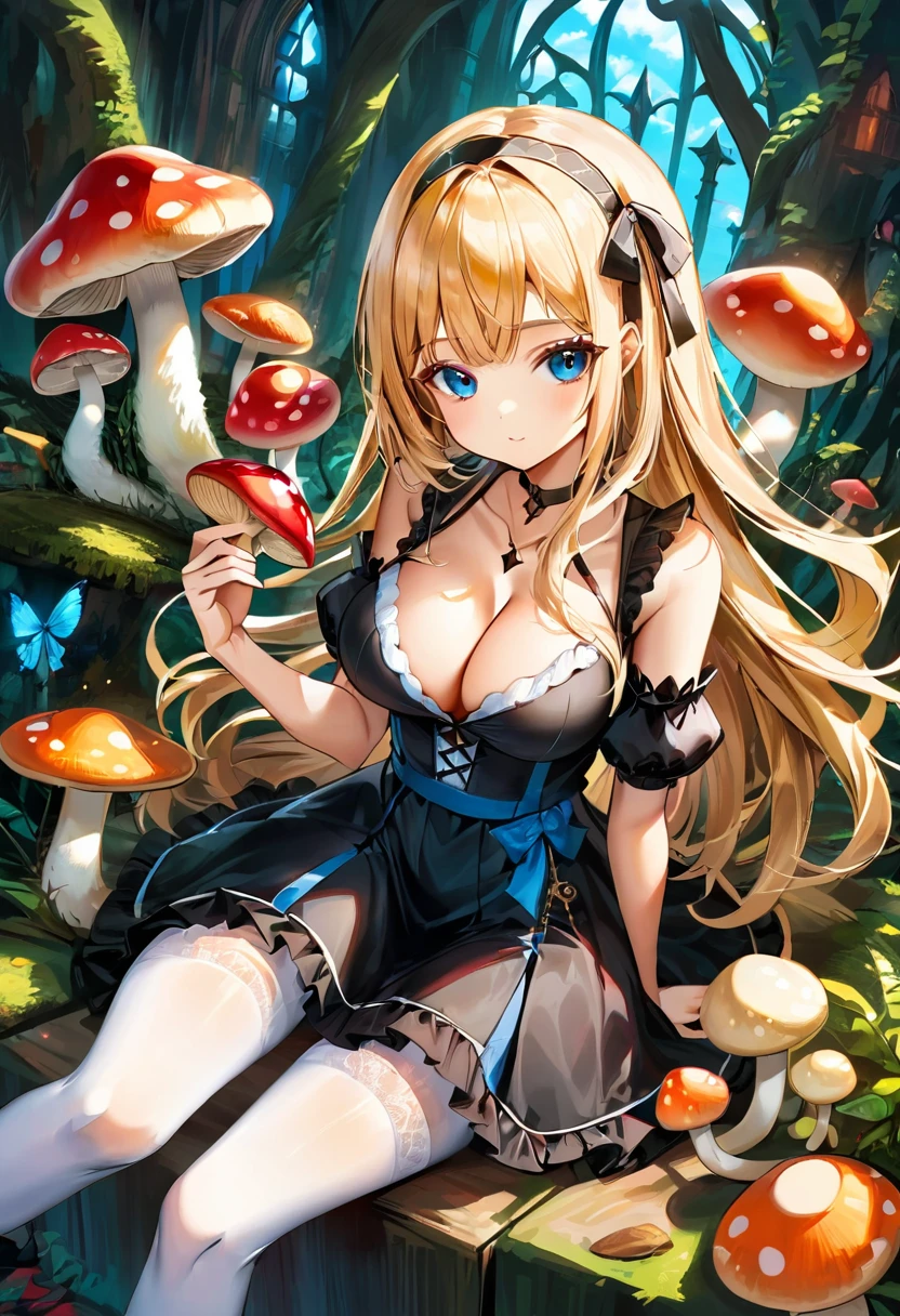 A dark gothic Alice in Wonderland, a beautiful 20 year old blonde woman with big messy hair in a tattered sheer black dress, white stripe stockings, black headband, cleavage, holding a glowing mushroom, sitting on a giant mushroom, dark fantasy art style, cartoon vibrant, detailed digital art, glossy digital painting.