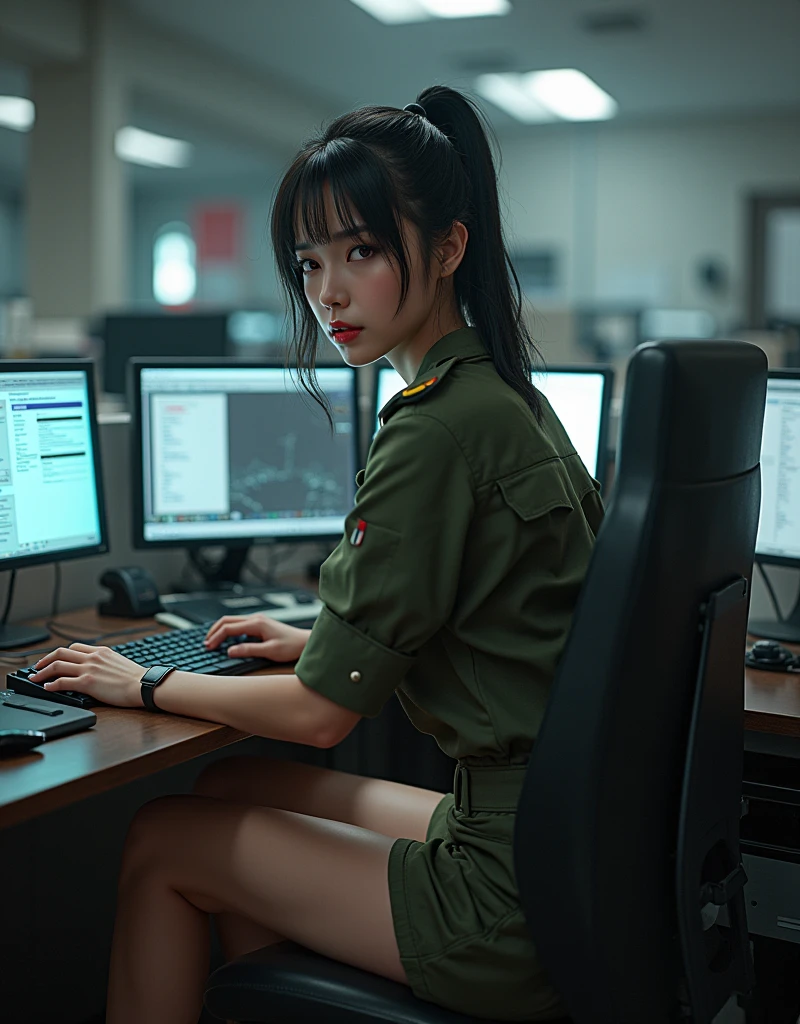 (Photorealism:1.2), sexy woman soldier, She is wearing a military uniform with a short skirt.. I'm sitting in an office with lots of computers and monitors and working..