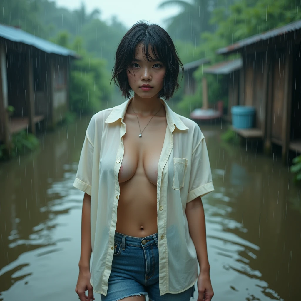 Beautiful white-skinned Thai girl, short hair, Wear a light white short-sleeved shirt., Wide neck T-shirt., chestกว้าง เปียกน้ำ, Not wearing a bra, short jeans, Clear nipples, chest, big chest, Walking in flooded areas in Thailand, Heavy rain, Rural atmosphere in Thailand, Clear full body image, movies