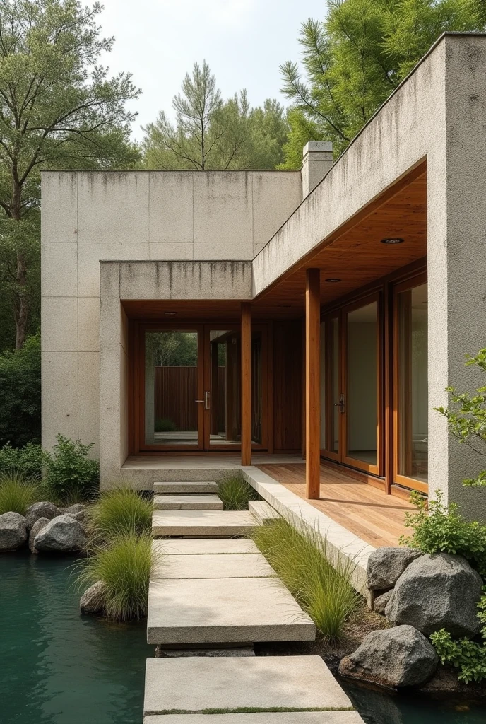 Images of a panoramic view of an architectural design with wabi-sabi elements: textured walls, Natural Wood, and an atmosphere of calm and simplicity