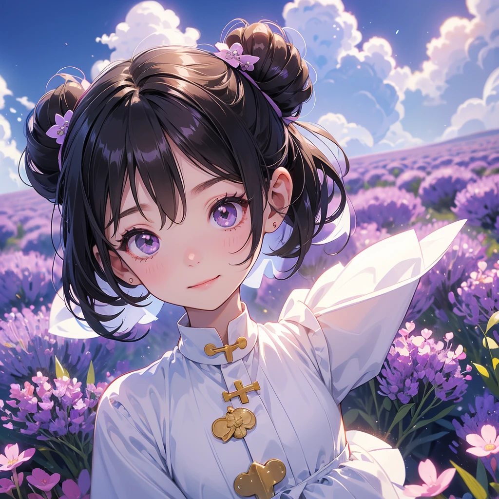 A chibi child girl had a small face and wearing a little tourist priest’s outfit, a pair of big round eyes shone with curiosity about him. This child was so cute, her hair is black with buns on her hair. Small chibi , chibi baby, smiling , chibi. 

Stroll among the purple lavender fields , There are some floating clouds.