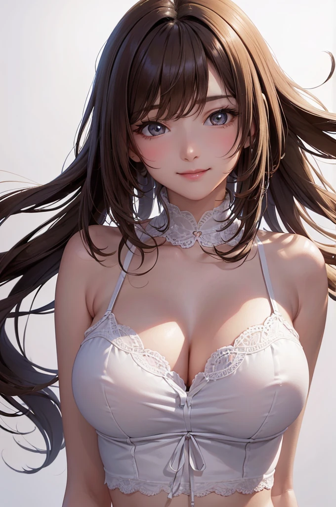 Best Quality,High resolution,8k,(plain white background, no patterns, no textures, just a plain white background:1.3),Masterpiece:1.2),beautiful girl,Big Breasts,(Shiny brown hair:1.3),messy hair,Beautiful brown eyes,Dark gray underwear,Gentle look,A refreshing look,smile,Best quality,Best Quality,Aesthetic and aesthetic:1.2,Best details((Super detailed))(High-definition CG illustrations),Slender body,smile,blush,cute,Scrounge,Looking up,Being spoiled,super model,wariza