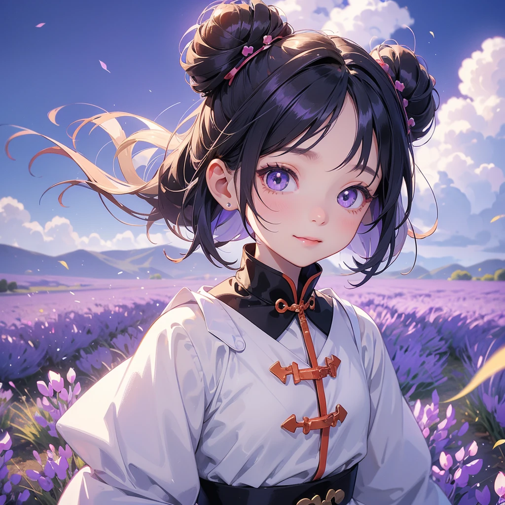A chibi child girl had a small face and Wearing white little Taoist priest's outfit. A pair of big round eyes shone with curiosity about him. This child was so cute, Stroll among the purple lavender fields , There are some floating clouds.

her hair is black with two buns on her hair.small chibi, chibi baby, smiling ,Chibi.

