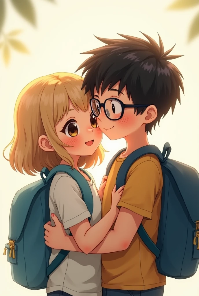 White girl without glasses with shoulder-length blond hair with light brown almond-shaped eyes and long eyelashes and a sky-blue backpack hugging a blond boy with short black hair and slanted eyes with long eyelashes and a small nose with round glasses and a navy blue backpack