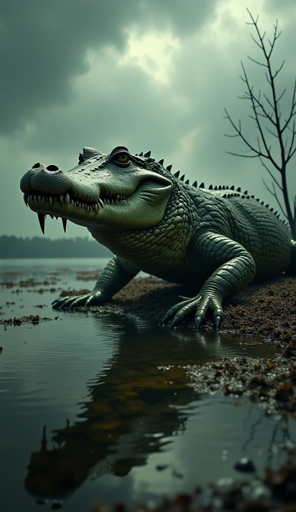 Terrifying photo of an alligator on the edge of the marrow, sky and dark atmosphere