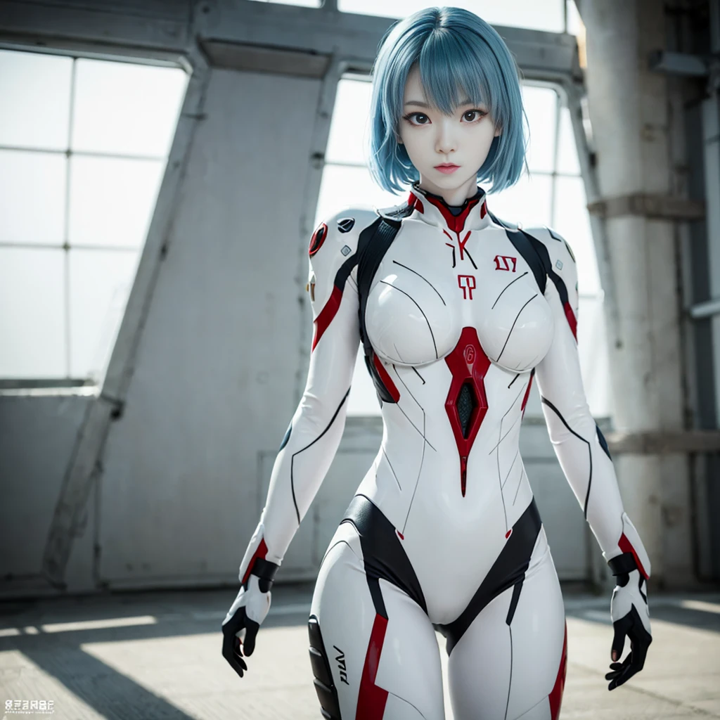 (8k, RAW photo, highest quality, refined details, Masterpiece: 1.2), (high resolution 8k wallpaper), sharp focus, professional lighting, depth of field, cinematic lighting, background blur, Evangelion ayanamirei. She is a Japanese woman with blue hair, (pale skin:1.6),(red eyes:1.5), and a white plug suit. Her futuristic background and realistic style with a cool look are her hallmarks. Quiet atmosphere like science fiction,full body,