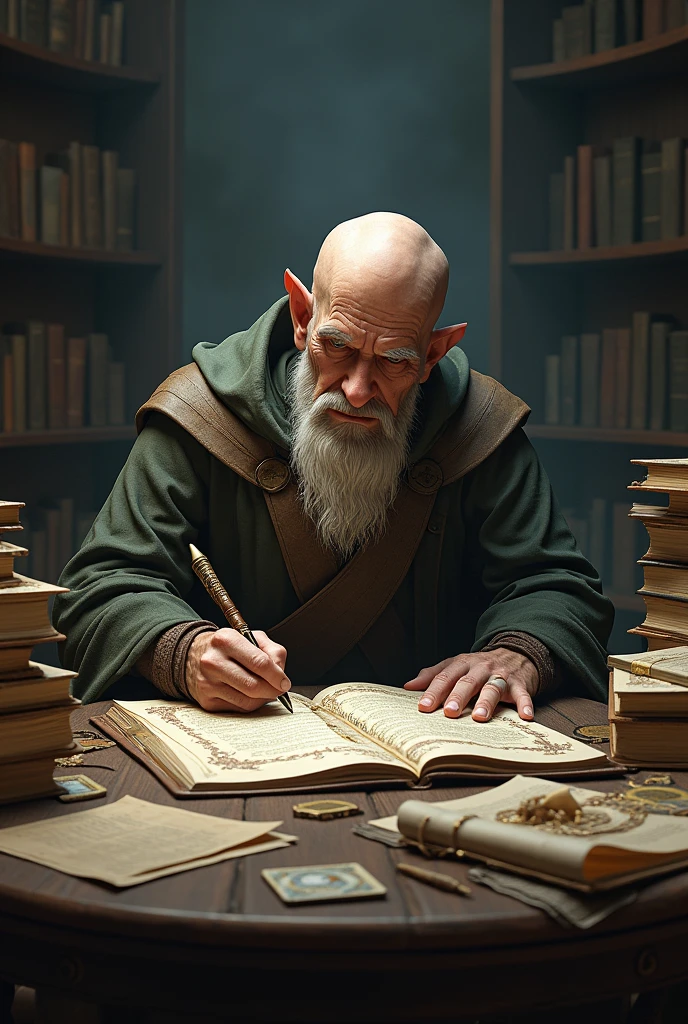 A bald wizard sitting behind a table full of messy books, taking notes. RPG 3D
