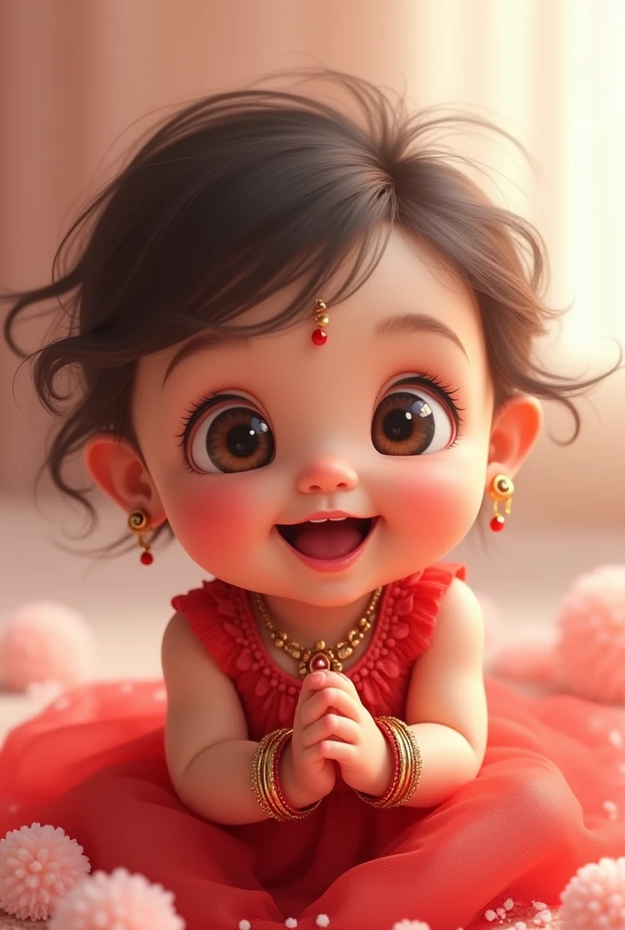 Cute baby with chubby cheeks cute smile  red dress red bangles