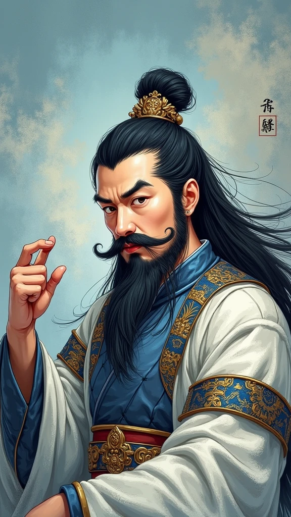 Realistic thick paint look、Zhuge Kongming、Handsome　beard