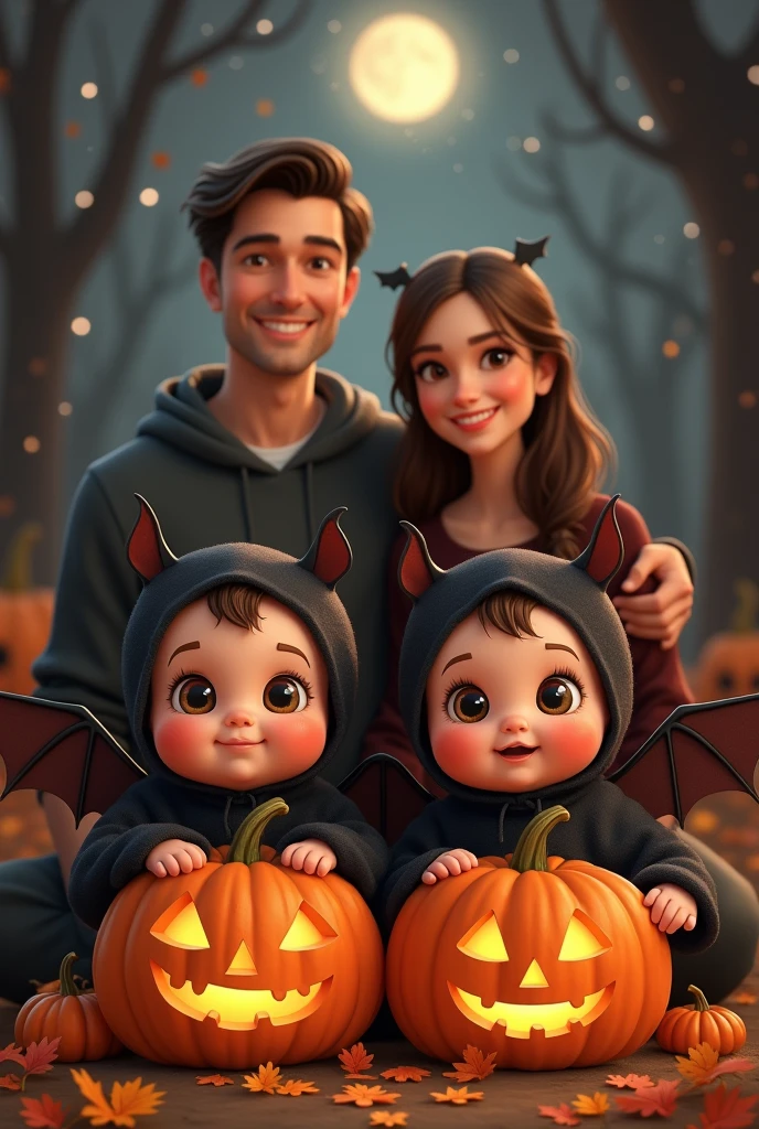 A realistic illustrated family portrait with twins babies Halloween.The babies wear bat costumes and sit in front of two pumpkins.Behind them are the names Lestat and Lucius