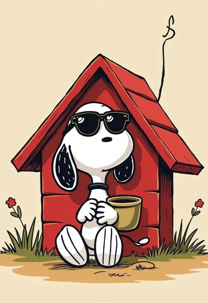 snoopy with sunglasses leaning against the little house, holding a cup of coffee
