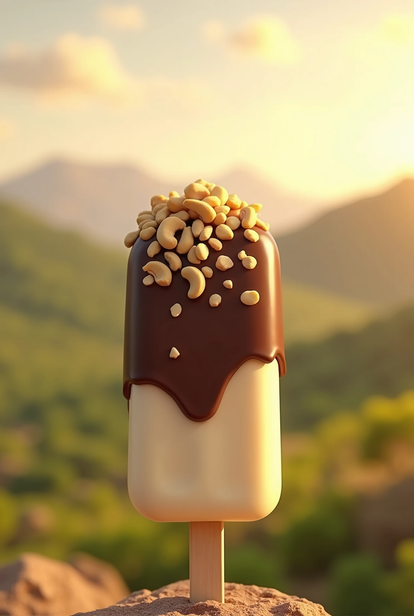 Cashew flavored ice cream on a stick covered in a layer of chocolate with cashew nut sprinkles on top , in the background a landscape of the northeast pampas