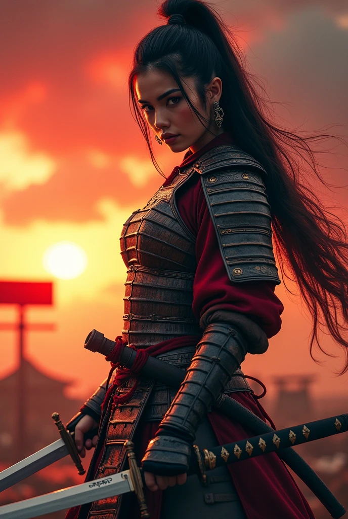 ((Japan Samurai for women),field of battle,dynamic pose,portrait of upper body、Longsword,armors,fiery sky,crazy details,details Intricate,high resolution,8k,((anatomically correcte)) sign in the background written : 36 high-quality photos