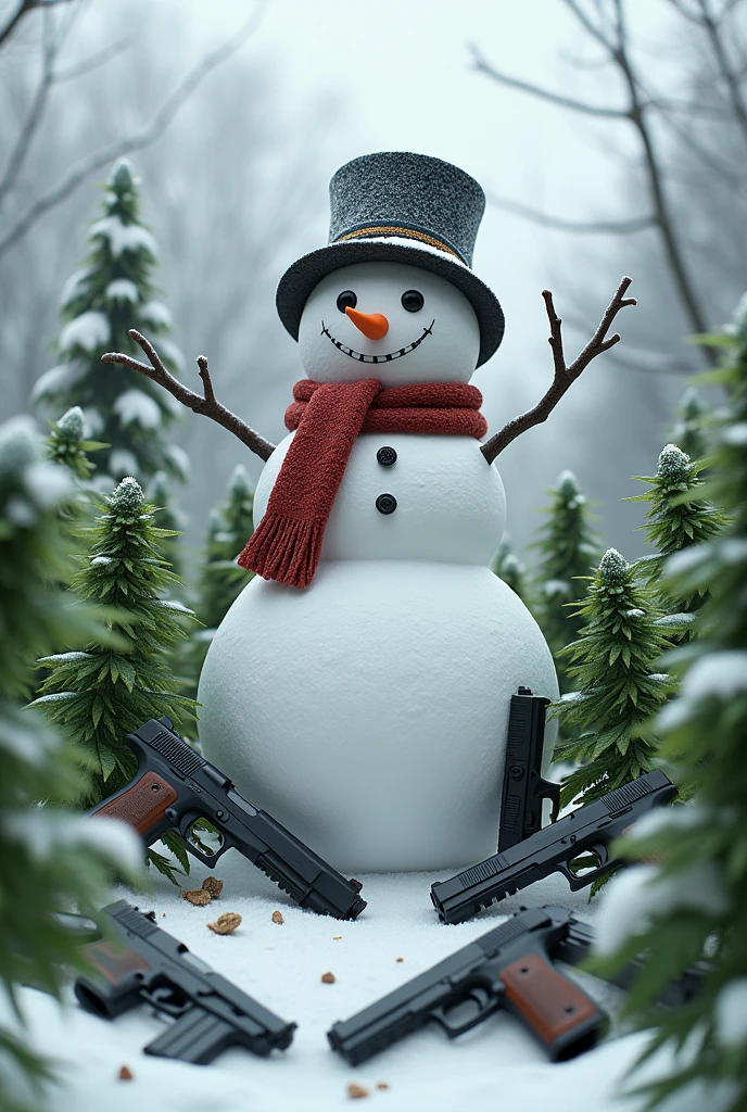 Snowman with weed plants and guns